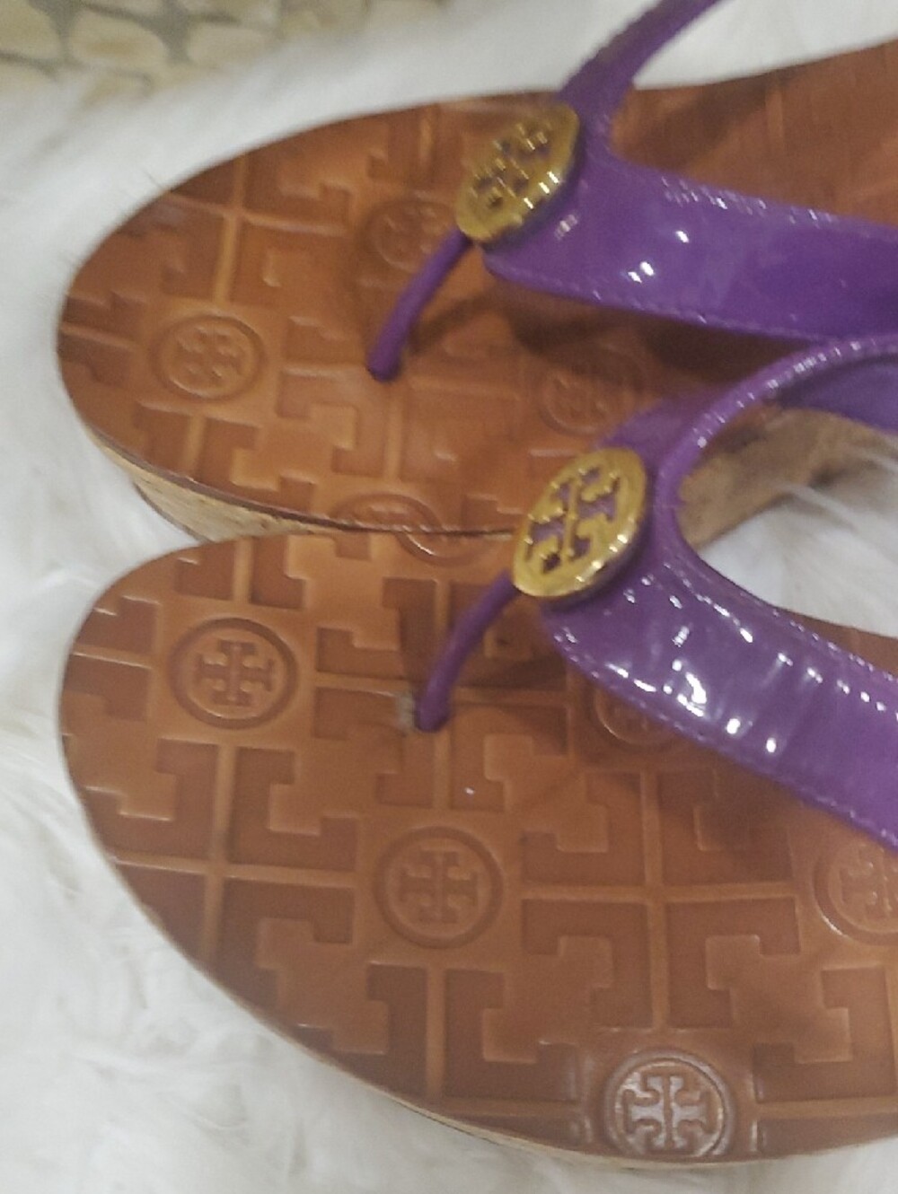 Tory Burch Purple Leather Logo Thong  Wedge Sandals - Picture 6 of 15